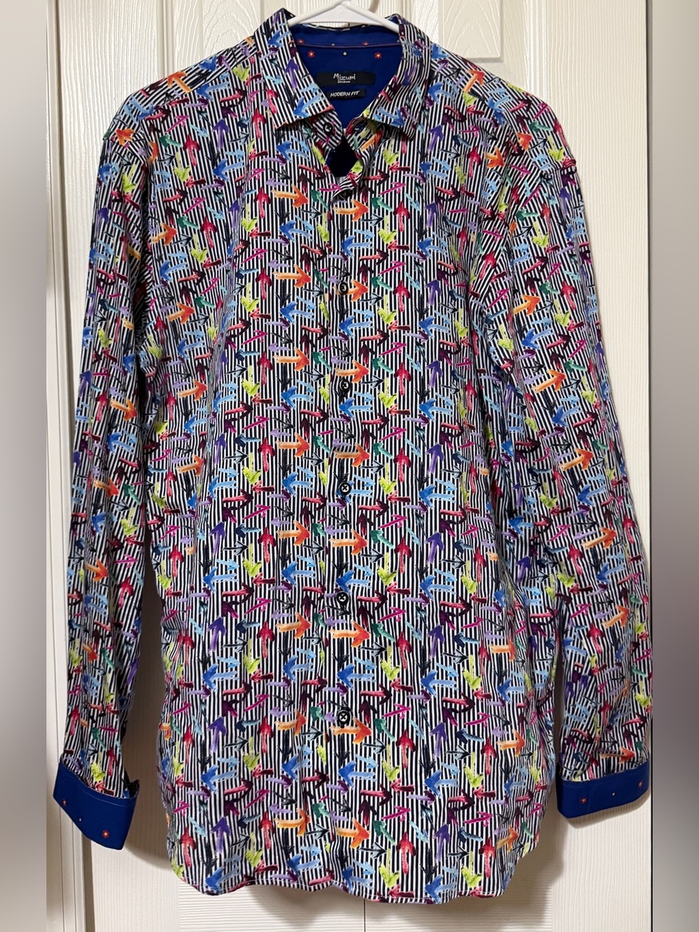 Mizumi Couture Modern Fit Long Sleeve Button Up Shirt Multicolor Geometric Large